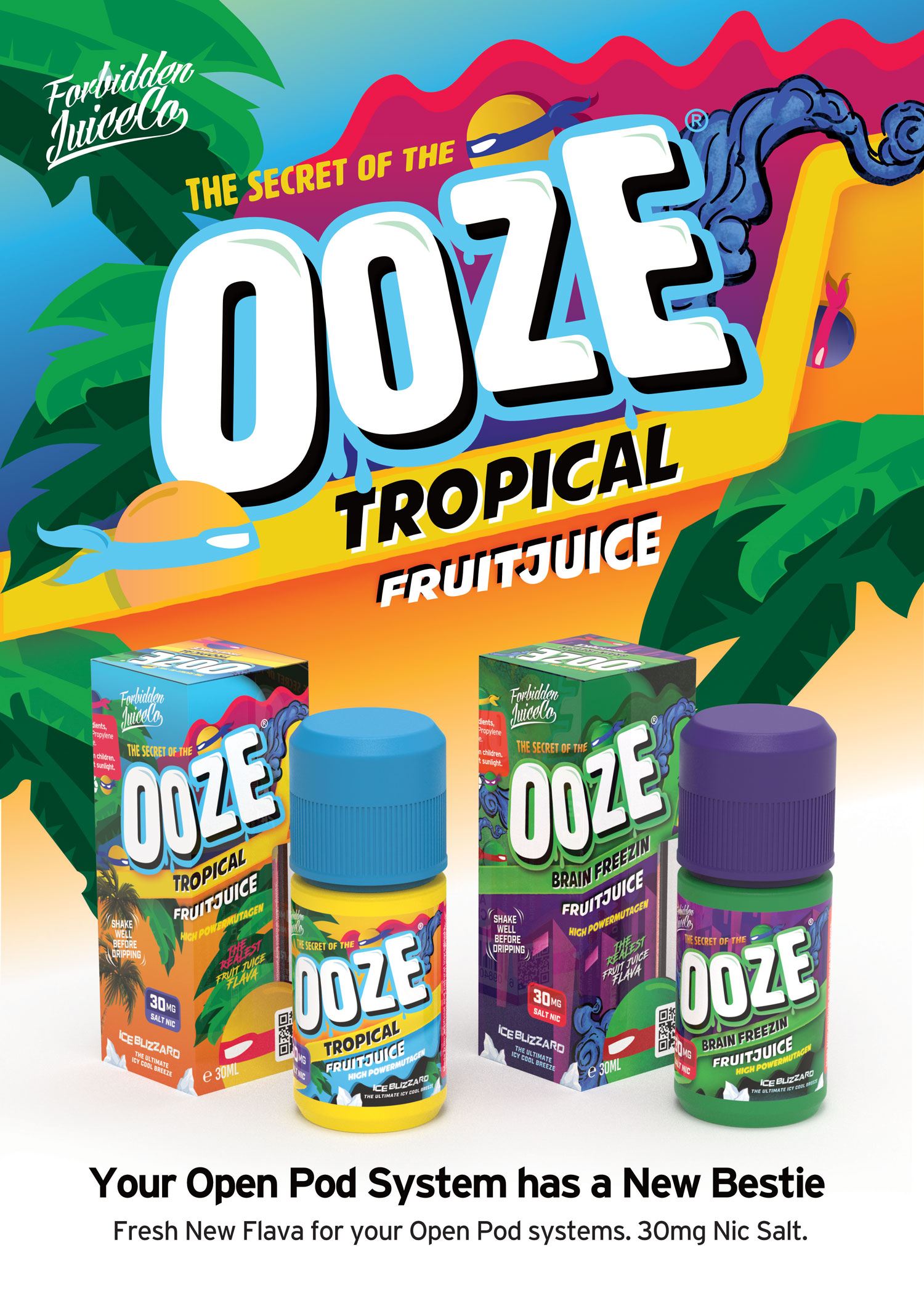 Colorful vape advertisement with flavors