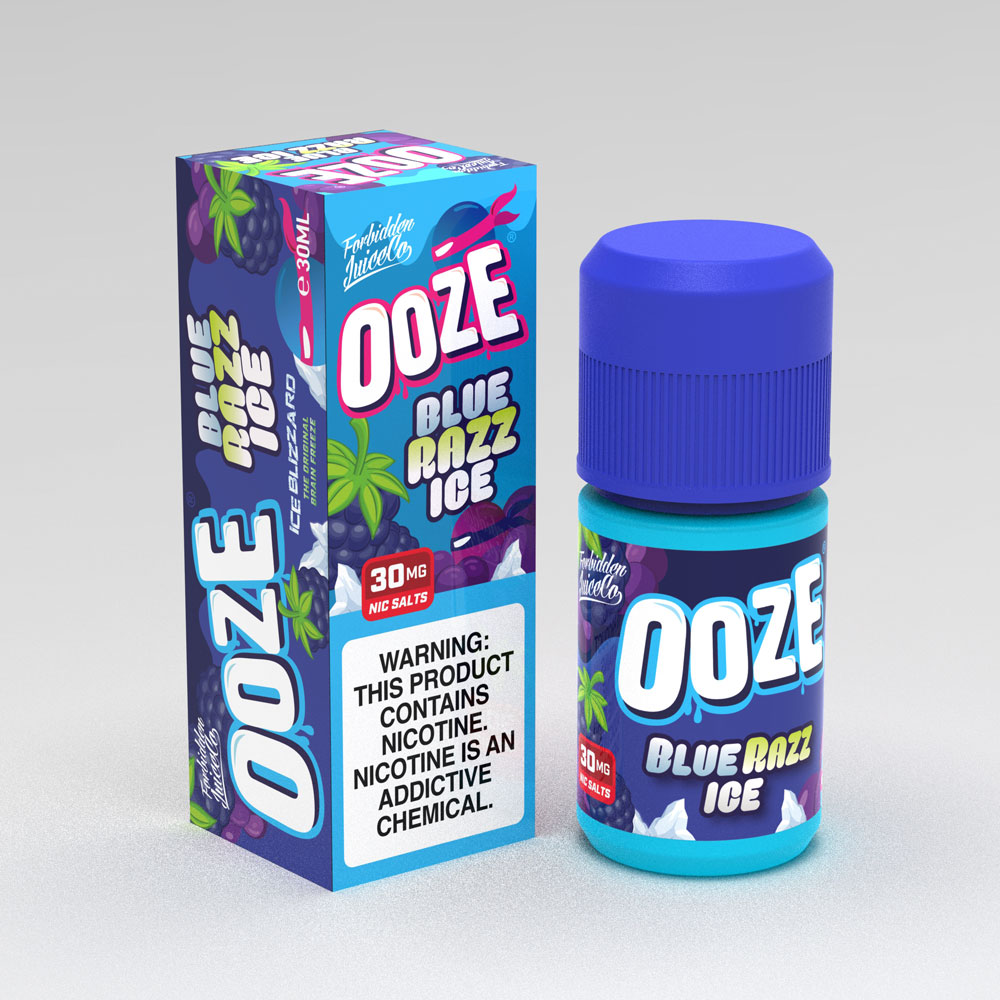 Blue raspberry flavored vape juice bottle